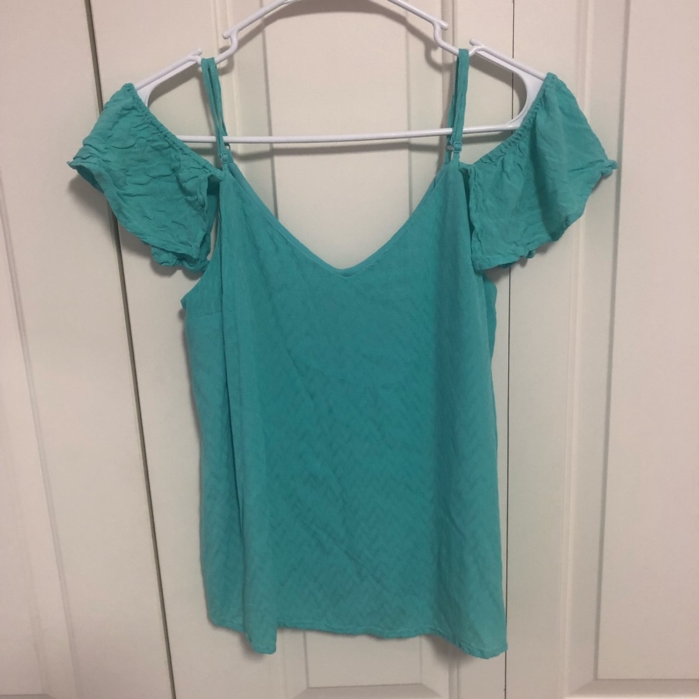 NWOT Teal v neck shirt with off shoulder design